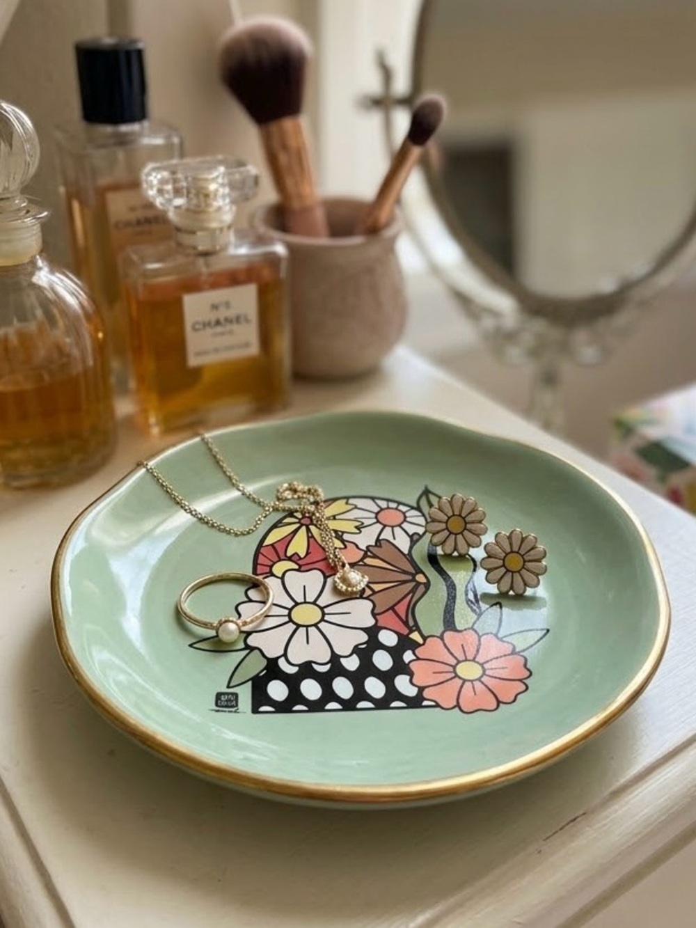 Sonoma Goods For Life Retro Floral Ceramic Jewelry Trinket Dish